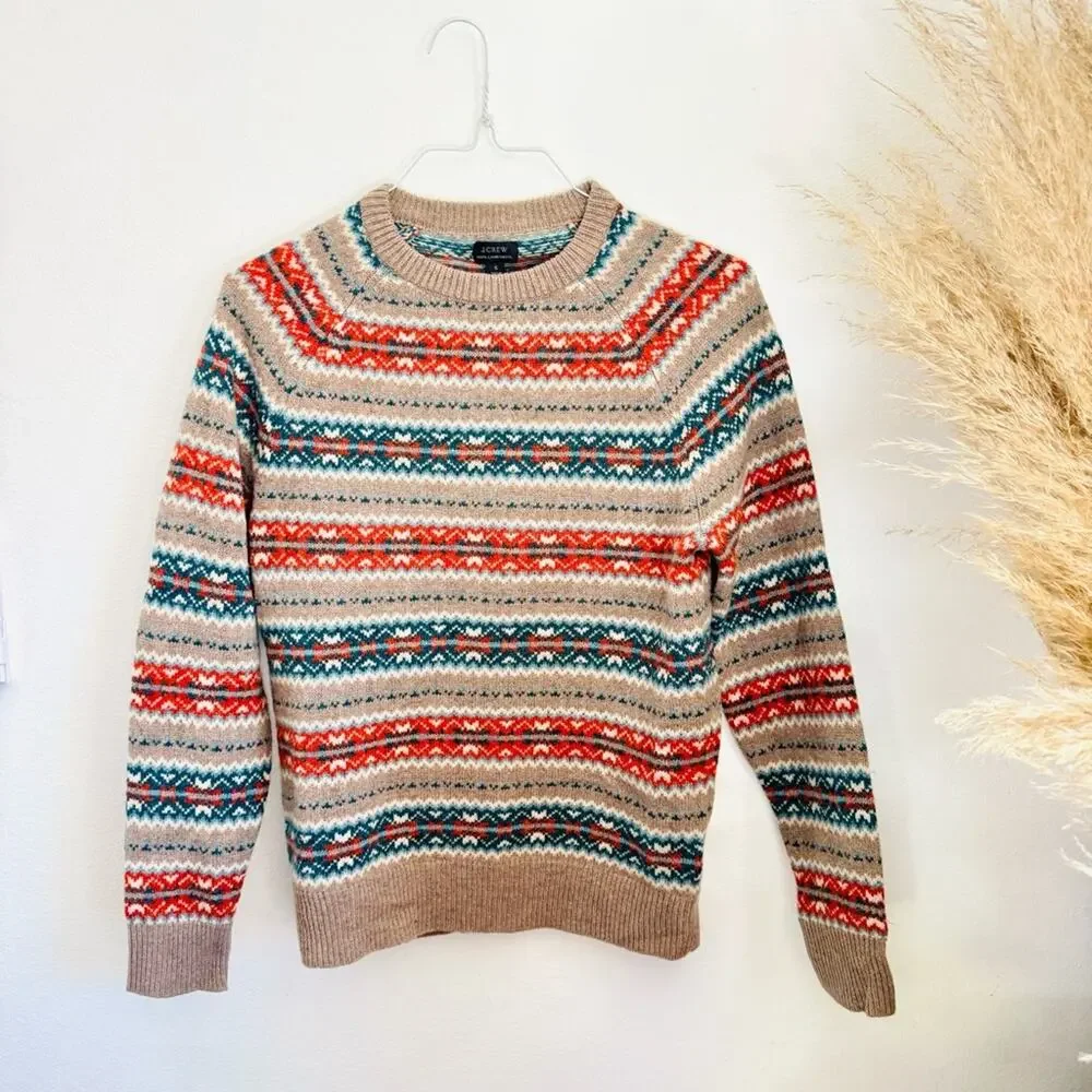 MENS J CREW Beige Tan Blue Fair Isle Wool Stripe Crew $228 Pullover Sweater S